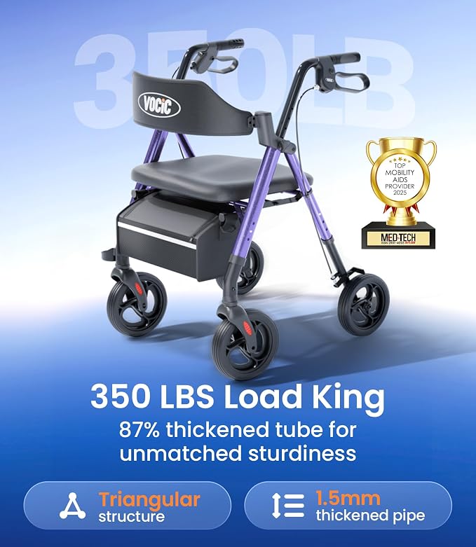 VOCIC Z21 Rollator Walker for Seniors with Seat, 8" All Terrain, 350 LBS | Lightweight Foldable & Dual Height Adjustable for Seniors, Ergonomic Arc Seat&6" Ultra Backrest Provide Comfort, Purple