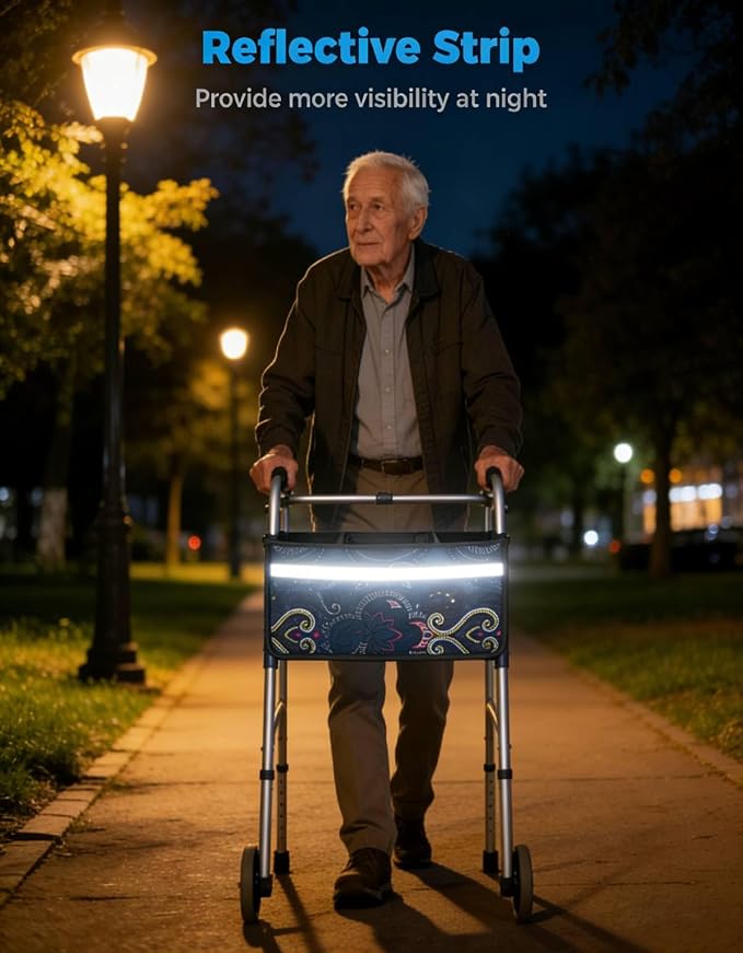 JOYTUTUS Walker Basket for Seniors, Basket for Walkers with Cup Holder, with Two Split Board, Foldable Walker Storage Bag, for Family and Friends, Navy (Not Fit Rollator Walkers)