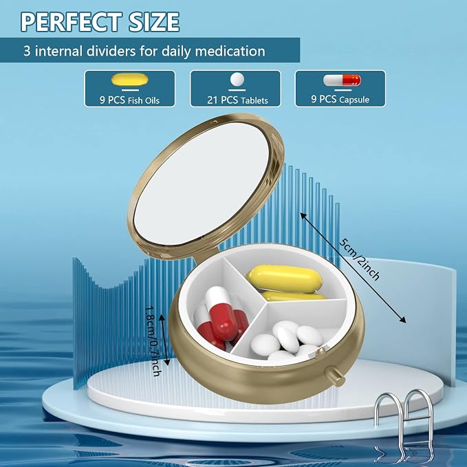 Pill Case Pill Box with Mirror Retro 3 Compartment Small Pill Case for Purse or Pocket Bronze Small Roud Pill Box or Vitamins, Fish Oil, Supplements, Pill Containe Travel Gifts（Paris Eiffel Tower）