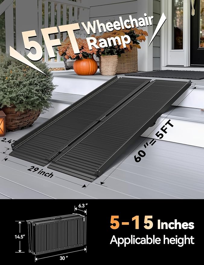 Black Aluminum Ramp 5FT, With Non-Slip Surface Wheelchair Ramp, Folding Portable Wheelchair Ramps for Home Steps,Scooter Ramp for Car, Stairs, Doorways, Curbs, 800 LBS Weight Capacity, 28.3''W x 60''L