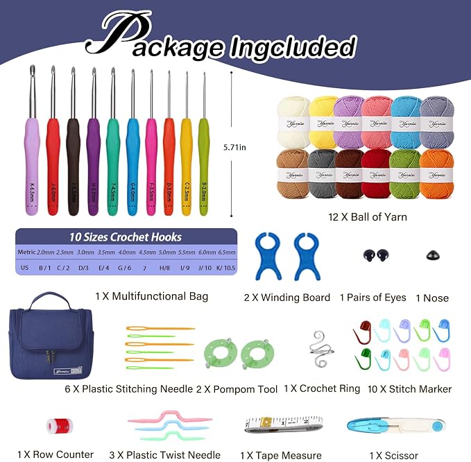 Yarniss Crochet Kit for Beginners, All in One Crochet Kits with 840 Yards Crochet Yarn, Ergonomic Crochet Hooks Set with Yarn for Adults, Navy