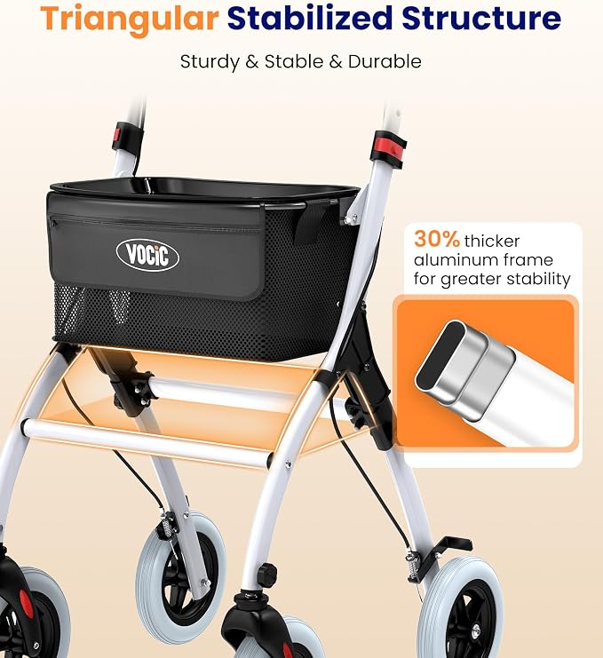 VOCIC Z32 Narrow Walkers for Small Spaces, 8" Quiet Anti-Slip Tires, Tray | Foldable & Lightweight Indoor Rollator Navigates Small Spaces, Easily Passes Tight Doors, Tray & Pouch for Home, WT
