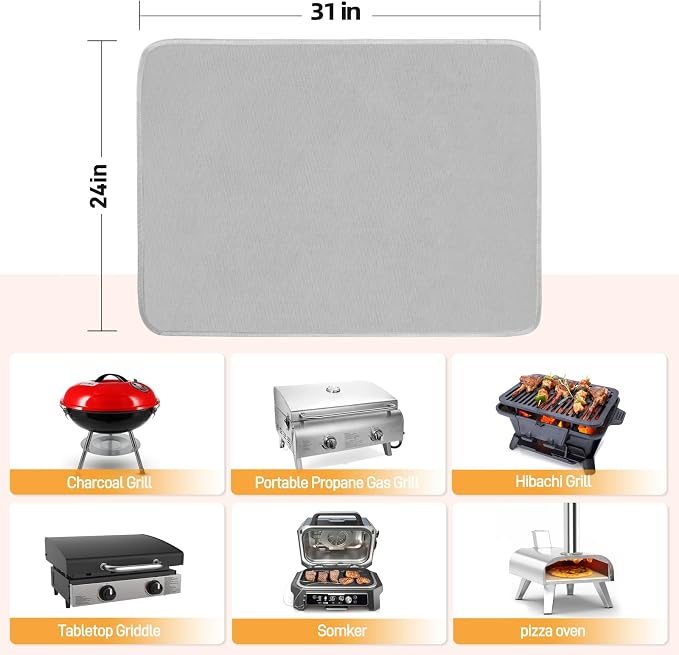 Heat Resistant Mats for Countertop fits Tabletop Grill, 31x24x0.04in, Grey | 1022℉ Fireproof grill mat for countertop/table protection, fits gas/charcoal grills, pizza ovens, fits Blackstone & Ninja