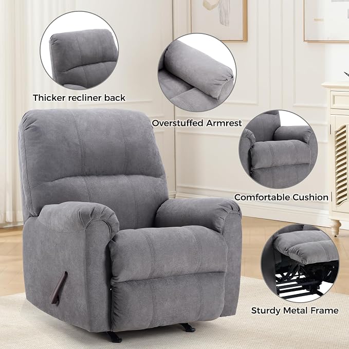 Rocker Recliner Chair for Adults Set of 2,Manual Recliner Chair with Overstuffed Backrest and Armrests, Soft Fabric Manual Rocking Reclining Sofa for Living Room,Grey