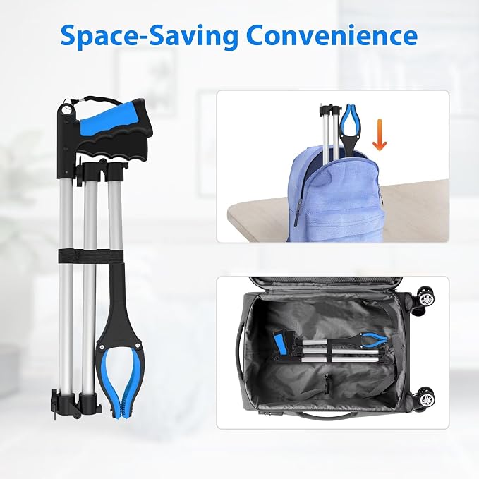 43" Grabber Reacher Tool Foldable Extension Grabber for Seniors Blue | 360° Rotating Jaw, Two Magnets, 4" Wide Claw Opening, Extra Long Trash Picker Upper, Mobility Aid Reaching Tool for Elderly