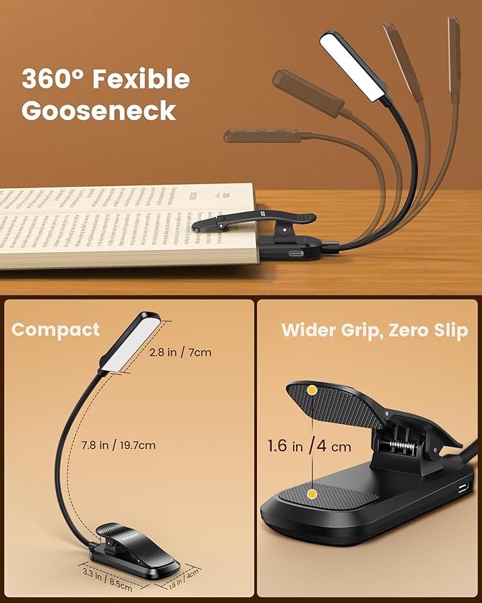 Glocusent 13 LEDs Book Lights for Reading at Night, 120 Hrs Runtime Rechargeable Reading Light, Eye Caring 3 Colors & 5 Stepless Dimming Brightness 3–60LM, Flexible Clip on Light for Book Lovers Kids