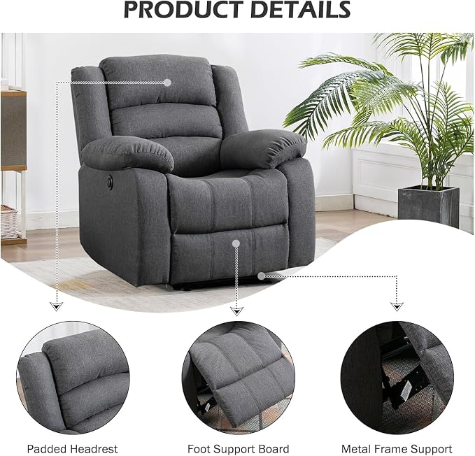 Power Recliner Chair for Adults, Oversized Electric Recliner with Soft Cushion and Back, Upholstered Soft Fabric Reclining Chair for Living Room, Bedroom, Grey
