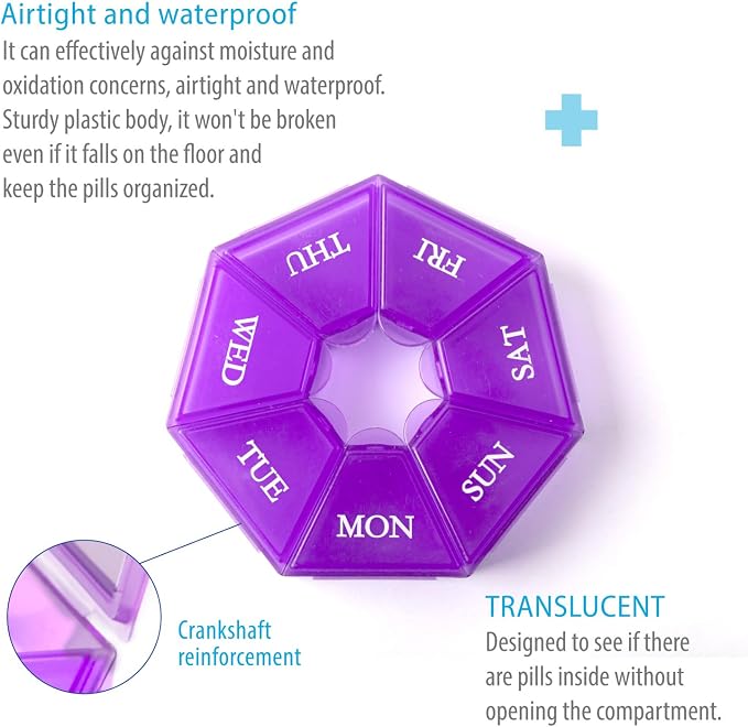 Deke Home - Small Weekly Pill Organizer, Round Pill Dispenser for Travel, Mini Pill Organizer, Compact Medicine Holder, Pill Sorters 7 Days, Portable Vitamin Container, BPA Free (Food Grade)