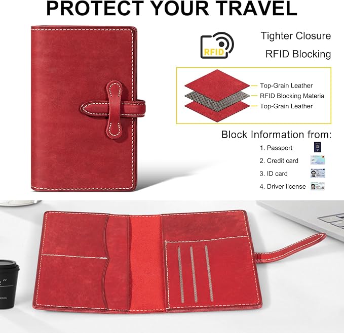 Leather Passport Holder for Travel,Passport Wallet,Red | RFID Blocking Card Slot,Top-Grain leather with Magic Buckle,Boarding Pass Pocket,Retro Style,Slim and Light-weight
