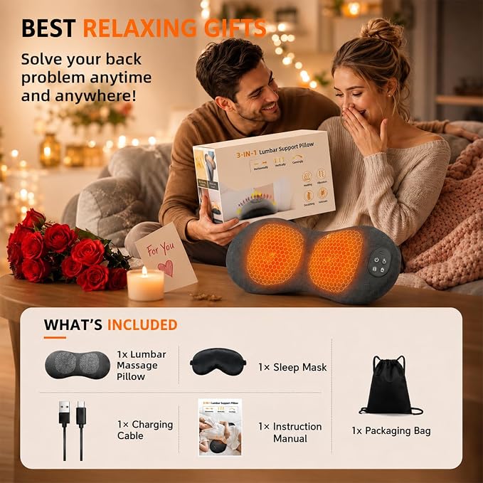 Upgraded 3-in-1 Triple Fusion Back Massager, Cordless Lumbar Support Pillow with Heat, Massage, Electric Stretch for Pain Relief, Lower Back Massager with 3000mAh Rechargable for Bed Office Chair Car