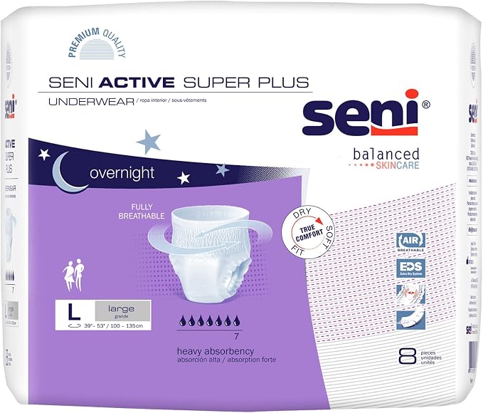 Seni Active Super Plus Unisex Adult Incontinence Underwear, Heavy Absorbency, Pull On Disposable Overnight Underwear for Men & Women (Large, 8, Count)