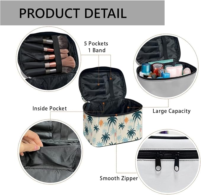Palm Tree Pattern Travel Toiletry Bag Cosmetic Bag, Painting Colorful Island Palm Printed Zipper Makeup Pouch Organizer for Toiletries Essentials Accessories