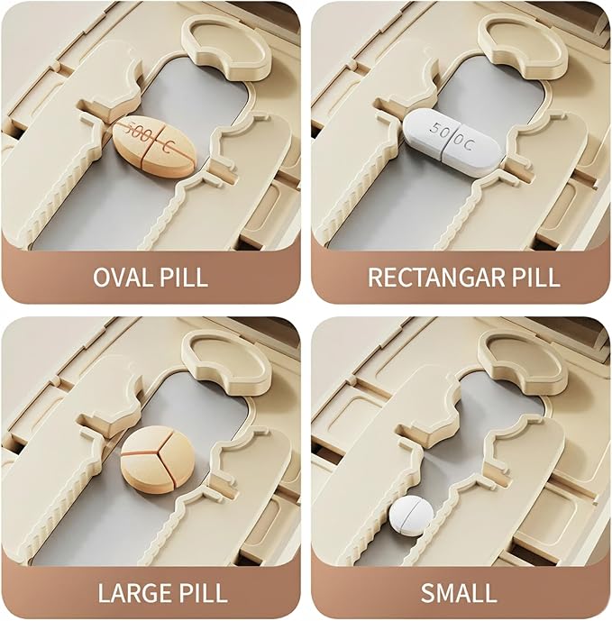 Pill Cutter Splitter for Small and Tiny Pills - Pill Cutter 1/4 - Accurately Cuts Multiple Pills - Easy Open Snap Button. Detachable Nonslip V-Shaped Pad. Wrap-Around Blade Guard. Back Storage (White)