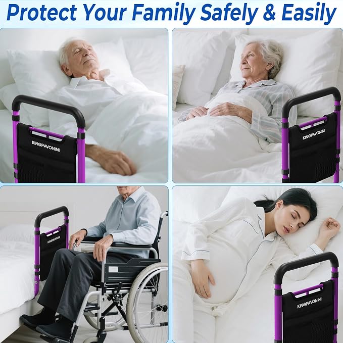KingPavonini Bed Rails for Elderly Adults Safety, 380 LBS, Model BM03-1 | ASTM Approved, 2026 Upgraded Adjustable Bed Cane, Non-Slip Ergonomic Handle & Storage Bag, Tool-Free Bed Railings for Seniors