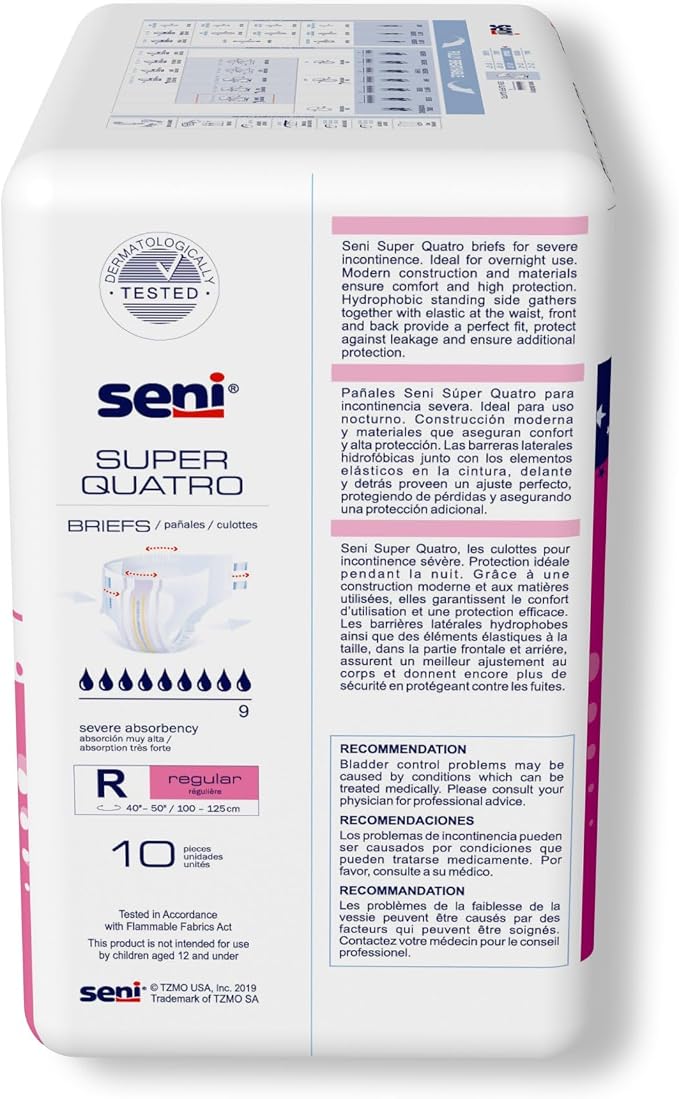 Seni Super Quatro Unisex Adult Incontinence Briefs with Tabs, Regular Size (40"-50"), 20 Count (2 Packs of 10), Severe Absorbency, Disposable Overnight Briefs for Men & Women