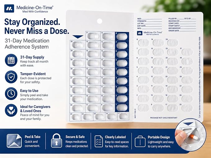 6-Pack Medication Blister Cards - 31-Day Cold Seal Pill Organizer for Family Caregivers, Home Care, Small Charities - Disposable No Equipment Needed - Trial Size Healthcare Supply