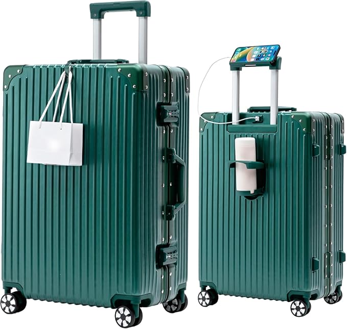 24-Inch Aluminum Frame Hardside Checked Luggage, Emerald Green | Zipperless medium PC suitcase, vacation essentials, dual TSA locks, cup holder, USB port, phone stand, spinner wheels