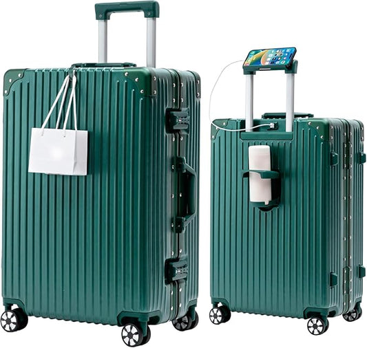 22-Inch Aluminum Frame Hardside Checked Luggage, Emerald Green | Zipperless PC suitcase, short trip essentials, dual TSA locks, cup holder, USB port, phone stand, bag hook, spinner wheels
