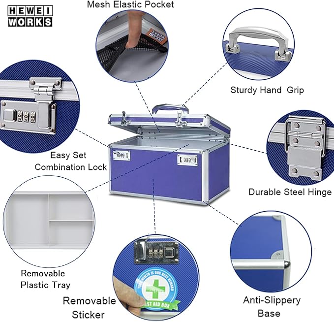Large Capacity Combination Locking Medicine Box with Portable Storage Case，15''x 8.7''x 9.3'', Childproof Medication Lock Organizer， Lockbox for Secure Cash, ID Documents (BLUE)