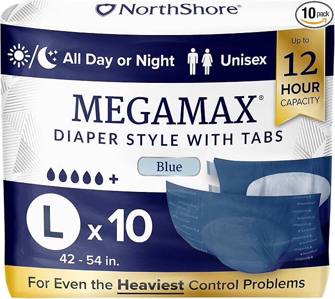 NorthShore MegaMax 12-Hour HBL Adult Diapers for Heavy Bladder Leaks, Large, 10 Count, Blue, 42-54 inches, Tab-Style Incontinence Underwear for Men, Women & Teens