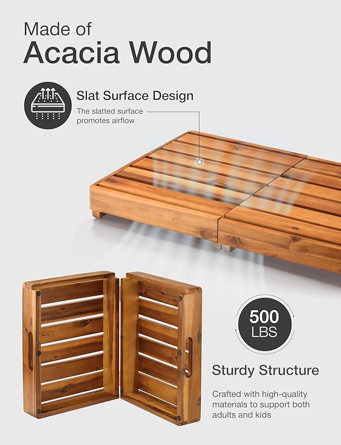 Holana 25 Inch Acacia Foldable Wooden Step Stool for Adults & Elderly & Handicap- Adjustable 3" to 6" - Heavy Duty 400lbs - Mobility Step Stool for High Beds & Outdoor Use - Wood Stepping Stool