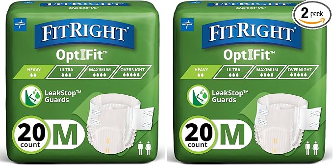 FitRight OptiFit Extra+ Adult Diapers with Leak Stop Guards, Disposable Incontinence Briefs with Tabs, Moderate Absorbency, Medium, 32"-42", 20 Count (Pack of 2)