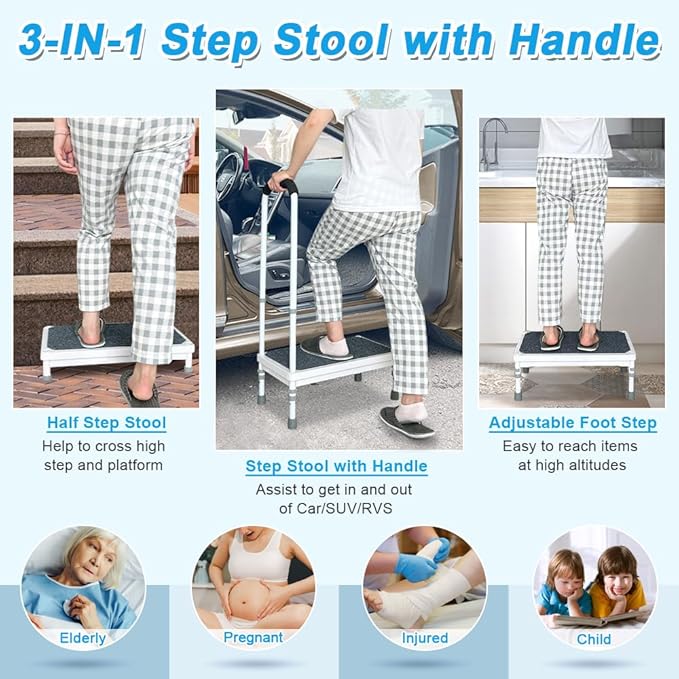 Medical Step Stool with Handle for Elderly Seniors SUV Car Steps 400lb Stepping Stool Adults Ramps with Handrails Height Adjustable Rv Steps Wide Platform Safety Handicap Mobility Assist Devices