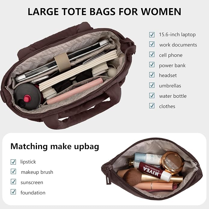 Puffer Tote Bag for Women Quilted Nurse Bag Lightweight Work Bag for Teacher Travel Handbag with Multiple Pockets