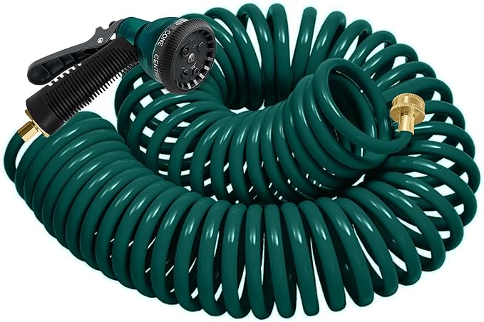 Coil Hose 25FT EVA Coil Garden Hose With 3/4'' Brass Connector Coiled Water Hose Lightweight And No Kink Includes 7 Patterns Spray Nozzle For Outdoors Lawn Watering Car Washing