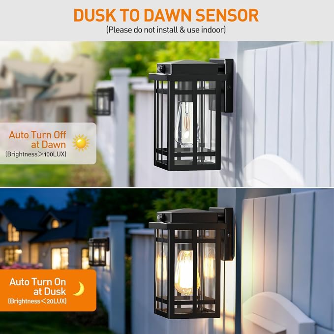 2 Packs Dusk to Dawn Outdoor Wall Lighting 9.76'', Black | Exterior Light Fixture Wall Mount for House Front Porch Light, Anti-Rust Modern Outdoor Lantern with Glass for Garage