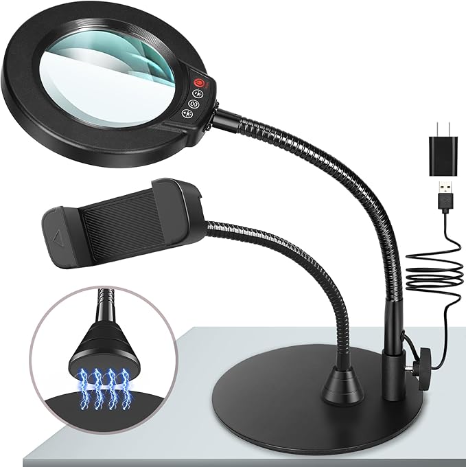 10X Magnifying Glass with Light and Phone Holder, 5 Color Modes Stepless Dimmable LED Lighted Desk Lamp with Stand, Hands Free Magnifier with Flexible Goose-Neck for Craft Hobby Painting, Black
