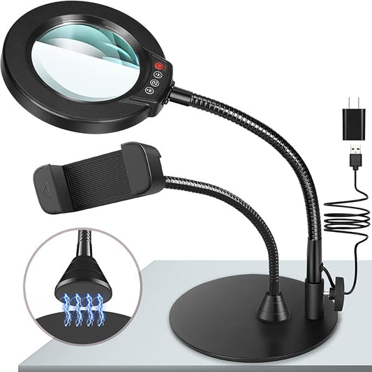 10X Magnifying Glass with Light and Phone Holder, 5 Color Modes Stepless Dimmable LED Lighted Desk Lamp with Stand, Hands Free Magnifier with Flexible Goose-Neck for Craft Hobby Painting, Black