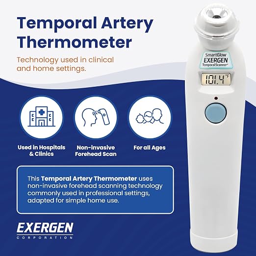 Exergen TAT-2000C Temporal Artery Forehead Thermometer for Baby Kids Adults | Displays Temperature Reading, Soft Glow, Silent Mode, Wipe Clean Sensor, 8 Reading Memory, 9V Battery Included for Family Use