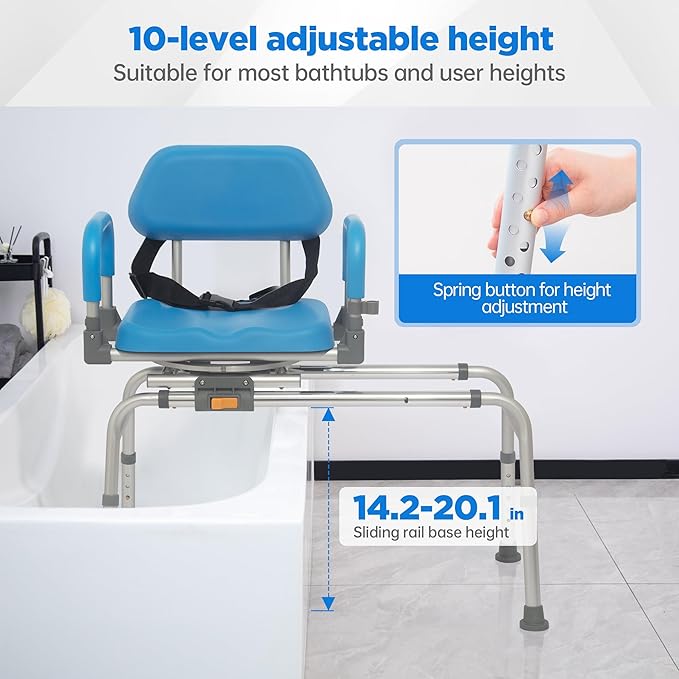 FSA/HSA Eligible Sliding Shower Chair with Swivel Seat, Rotating Tub Transfer Bench Shower Bench with Padded Seat and Backrest for Elderly and Disabled, Blue