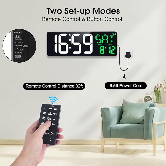 17 Inch Digital Wall Clock Large Display Bluetooth Sync Time, Auto-Dimming Large Digital Wall Clock with Remote, Date/Week/Temperature/DST, Plug-in Digital Clock for All Spaces Use, Gift