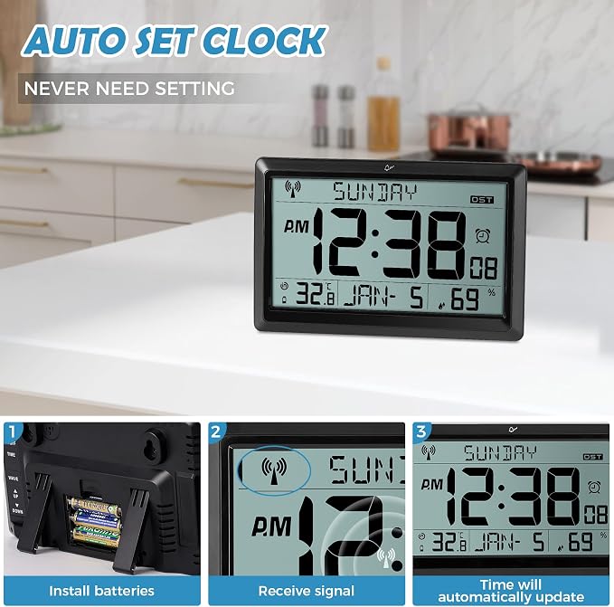 SZELAM Atomic Clock,10.5"Large Display Digital Wall Clock Battery Operated,Digital Calendar Auto Setting Desk Clocks with Indoor Temperature,Humidity,Date,Day,Auto DST for Elderly Bedroom-No backlight