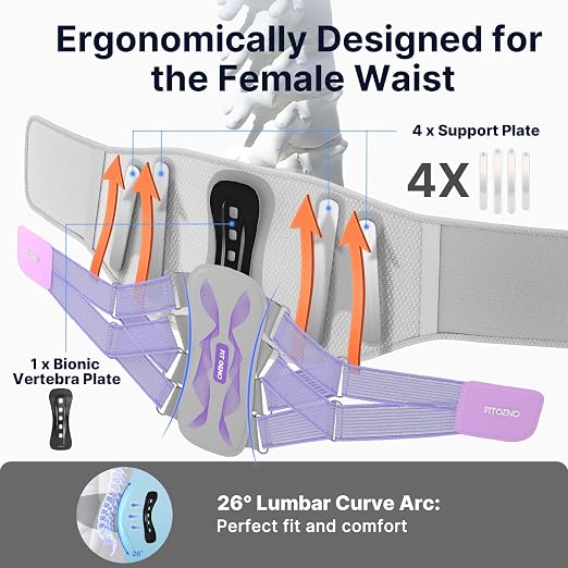 Fit Geno Back Brace for Women Lower Back Pain Relief: Adjustable Support with Ergonomic Lumbar Pad for Herniated Disc Sciatica and Lumbar Strain - Breathable Design (M)