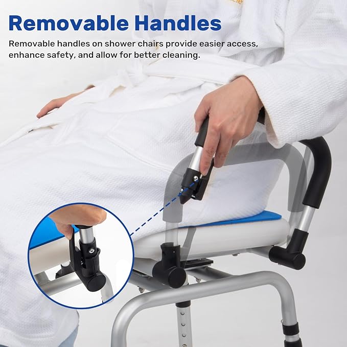 Swivel Shower Chair for Inside Shower with Pivoting Arms, 360° Rotating Shower Chair for Elderly and Disabled, Adjustable Height Swivel Bath Chair with Extra Accessories