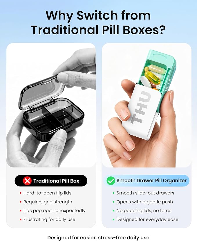 Daviky Pill Organizer 1 Time a Day, Drawer Style 7 Day Pill Case with Detachable Daily Boxes, Large Capacity Travel Pill Organizer for Vitamins, Fish Oil, Supplements, Color Coded