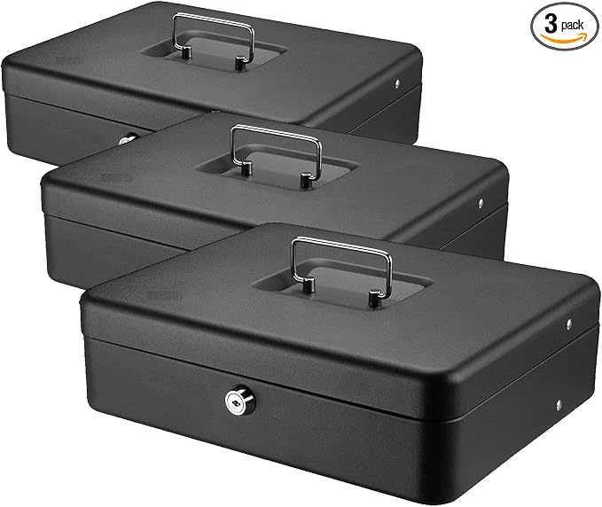 SentrySafe Black Money Saving Box with Cash Tray and Key Lock, Portable Safe Box with Carrying Handle, 0.21 Cubic Feet, 3.75 x 12 x 9.3 Inches, CB-12, (Pack of 3)