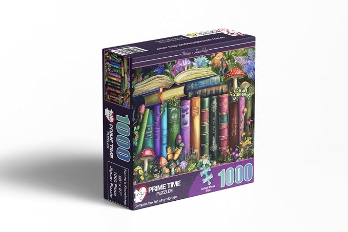 Adult Jigsaw Puzzle 1000 Piece Books | Magic Butterfly Library scene with mushrooms, books, and wildflowers. Suitable on a table, puzzleboard, or floor.