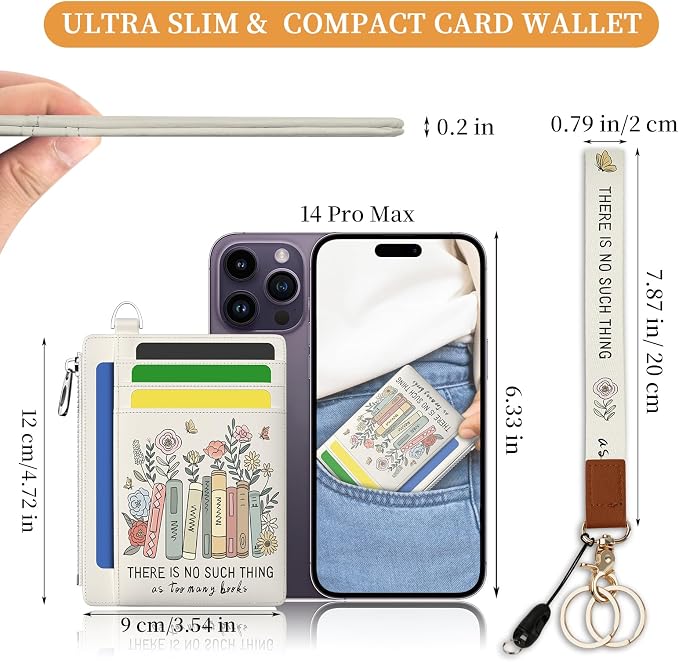 Hancynir Book Bookish Slim Wallet Women Credit Card Holder, Wristlet RFID | Cute Keychain Lanyard Wallet, Travel Zipper Coin Pocket, Ladies Gifts Women, Minimalist Card Case, 6 Card Slot, PU Leather