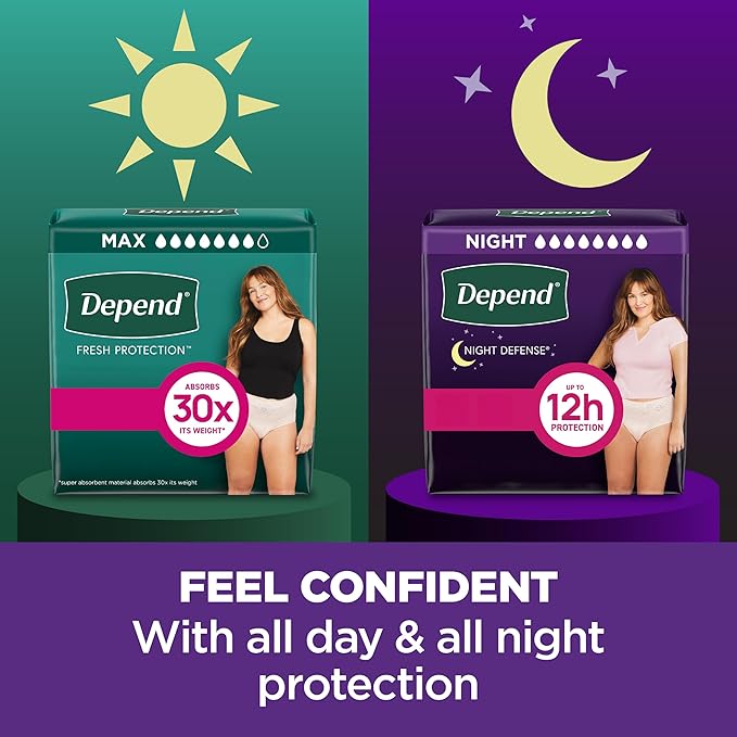 Depend Night Defense Adult Diapers, Incontinence & Postpartum Bladder Leak Underwear for Women, Disposable, Overnight, Large, Blush, 14 Count, Packaging May Vary