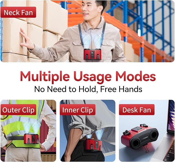 Doublepow 24000mAh Portable Waist Fan, Personal Fan, Dual Air Ducts Motors, Rechargeable Clip On Belt for Working, 10 Speeds 45H Wearable Neck Cooling, for Outdoor Work Travel, Power Outage (Red)﻿