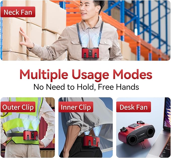 Doublepow 12000mAh Portable Waist Fan, Personal Waist Fan, Dual Air Ducts Motors, USB Rechargeable Clip On Belt for Working, 10 Speeds & 23H Wearable Neck Cooling, for Outdoor, Work, Travel (Red)