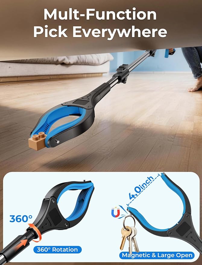 44" Grabber Reacher Tools, 2 Pack Upgraded Strong Foldable Reacher Grabber Heavy Duty Pickup Tool, 4" Wide Claw Opening & 360° Rotating Jaw & Magnet Lightweight Grabber Tool for Senior Patient