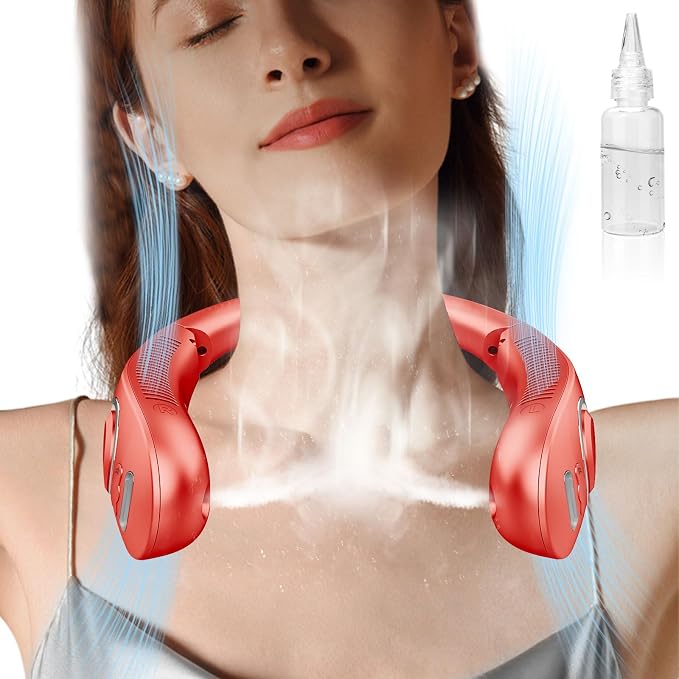 Portable Neck Fan with Water Mist, 4000mAh 4-9H Lasting, LED Display & 5 Fan-Speed, Dual Vents Rechargeable Neck AC, Hands-Free Bladeless Face Fans for Women Men Teens Birthday Gifts Beach Golf, Red