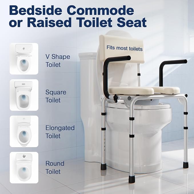 Drop Arm Bedside Commode, Portable Toilet for Adults up to 400lbs | Commode Toilet Chair w/ Padded Seat and Backrest, 6.3QT Removable Bucket Splash Guard, Paper Holder, Height Adjustable Beige