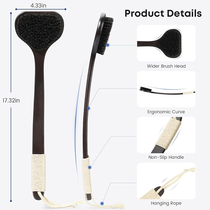 eaxun 17.3 Inches Bamboo Back Scrubber with Curved Long Handle for Shower | Exfoliating Shower Brush with Natural Boar Bristles for Men and Women, Anti-Slip Grip Back Washer for Bath or Dry Brushing