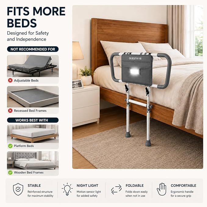Bed Rails for Elderly Adults, ASTM Compliant Foldable Bed Assist Rail | 350 lb support, motion sensor light, storage bag, adjustable height, fits Twin, Full, Queen and King beds